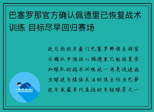 巴塞罗那官方确认佩德里已恢复战术训练 目标尽早回归赛场 巴塞罗那官方确认佩德里已恢复战术训练 目标尽早回归赛场